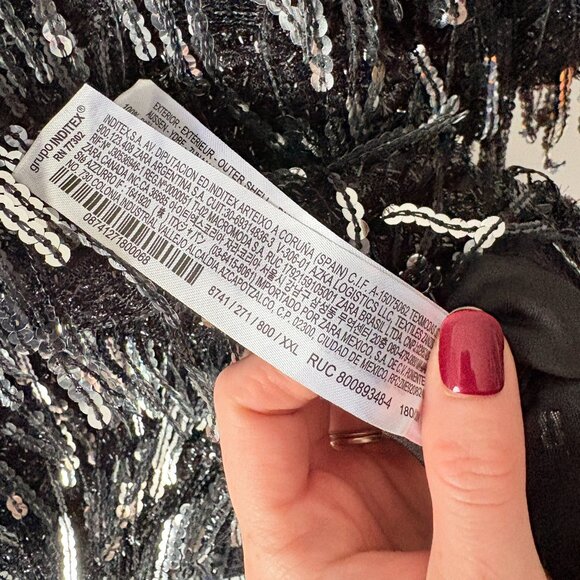 Zara Fringed Sequin Mini Shift Dress Long Sleeve Black Silver Size XXL - Picture 11 of 11